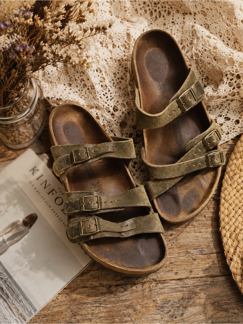 Birkenstock Franca Olive Green Oiled Leather Sandals Size 40 GUC